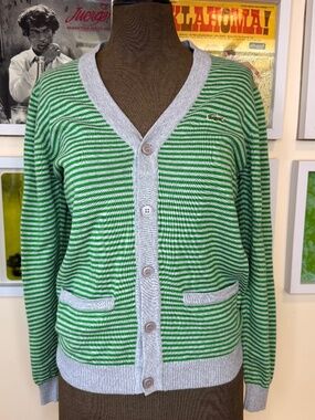 Lacoste Striped Cardigan – Y2K Preppy Green Knit